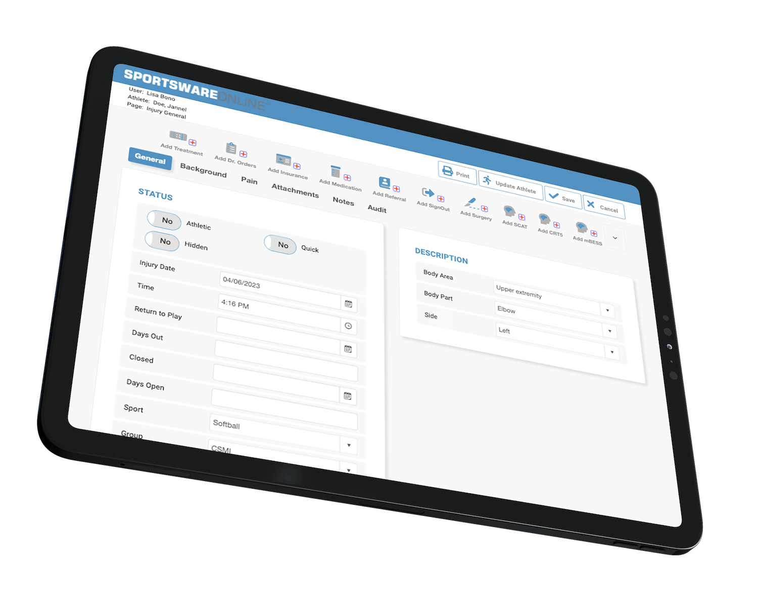 sportsware injury tracking software on a tablet device